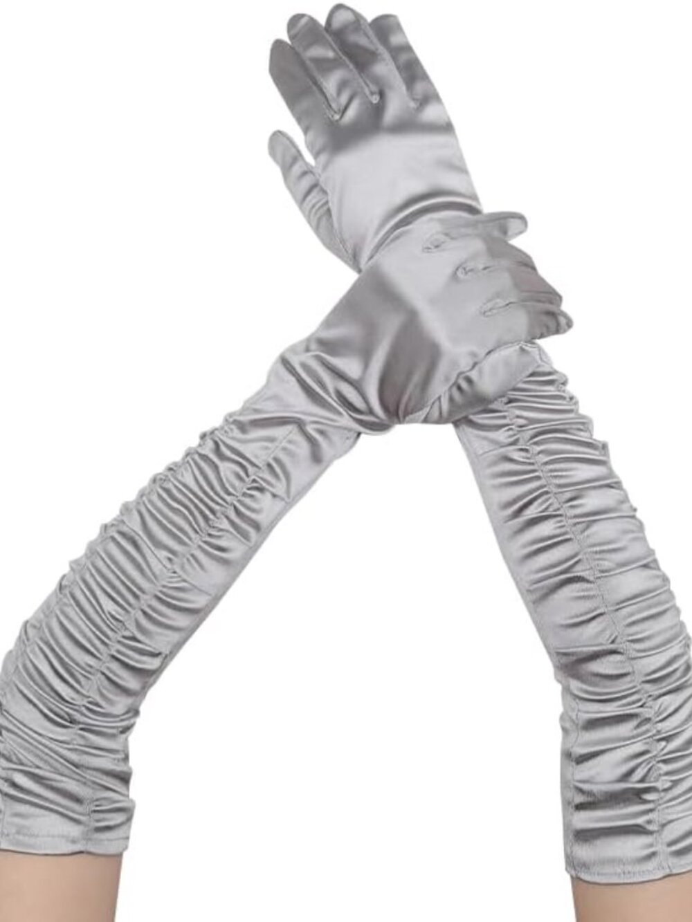 Women's Grey Long Opera Party 1920s Satin Elbow Adult Stretchy Pleat Gloves